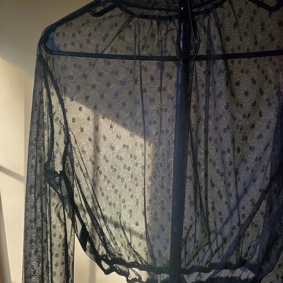 Women's Black Lace Polka Dot Turtleneck Long Sleeve Blouse - Picture 11 of 13